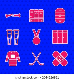 Set Medal, Ice hockey sticks, Crossed bandage plaster, Locker or changing room, Hockey jersey, Crutch crutches, rink and Human broken bone icon. Vector