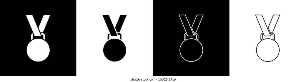 Set Medal icon isolated on black and white background. Winner symbol.  Vector Illustration