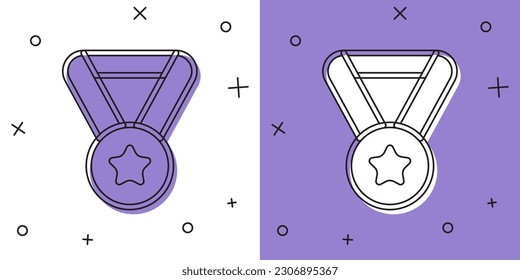 Ajuste el icono Medal aislado en fondo blanco y violeta. Símbolo del ganador.  Vector