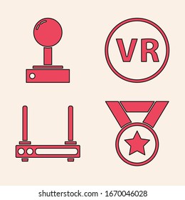 Establecer Medal, Joystick para máquina de arcade, Lentes de realidad virtual e Icono de señal de router y wi-fi. Vector
