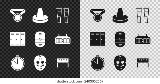 Set Medal, Mallet for playing air hockey, Crutch crutches, Stopwatch, Hockey mask, table, Locker changing room and Ice rink icon. Vector