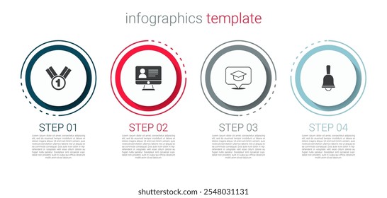 Set Medal, Online class, Graduation cap speech bubble and Ringing bell. Business infographic template. Vector