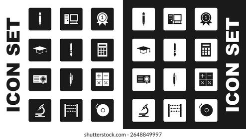 Set Medal, Paint brush, Graduation cap, Pencil with eraser, Calculator, Computer monitor,  and Certificate template icon. Vector