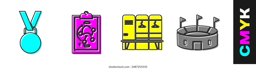 Set Medal, Planning strategy, Locker or changing room and Hockey stadium icon. Vector