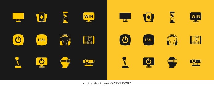 Set Medal, Power button, Headphones, Virtual reality glasses, Level game, Old hourglass, Computer monitor and Playing cards icon. Vector