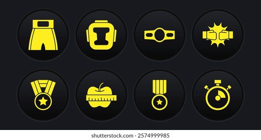 Set Medal, Punch in boxing gloves, Apple and measuring tape, Boxing belt, helmet, Stopwatch and short icon. Vector