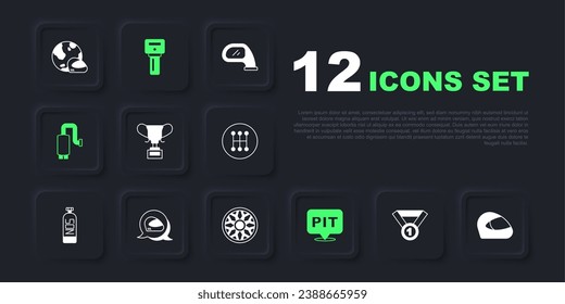 Set Medal, Racing helmet, Award cup, Pit stop, Car muffler, key with remote and Alloy wheel for car icon. Vector