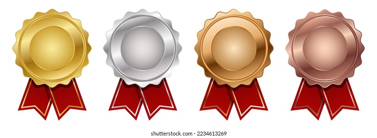 Set of medal with red ribbon vector. Set of seal award. Medal badge icons premium. Blank medal template.