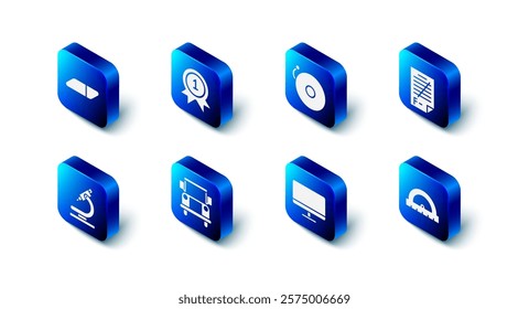 Set Medal, Ringing alarm bell, Exam paper with incorrect answers, Protractor, Computer monitor screen, School Bus, Microscope and Eraser rubber icon. Vector