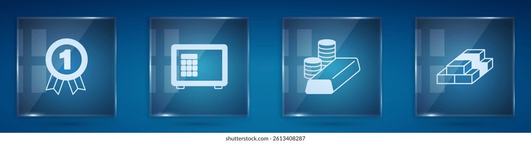 Set Medal, Safe, Gold coin with gold bars and Stacks paper money cash. Square glass panels. Vector