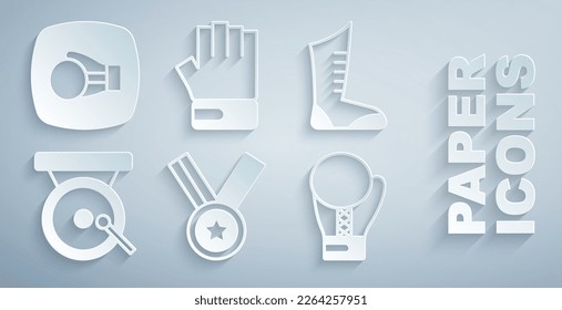 Set Medal, Sport boxing shoes, Boxing gong, glove, MMA and  icon. Vector