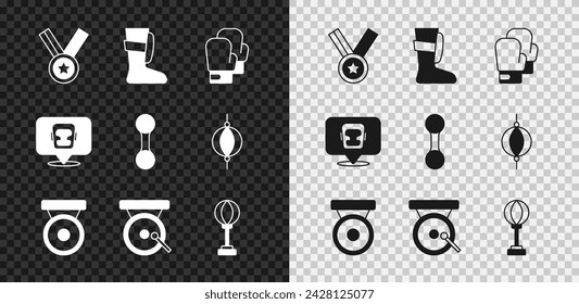 Set Medal, Sport boxing shoes, Boxing glove, gong, Punching bag, helmet and Dumbbell icon. Vector