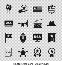 Set Medal with star, American flag, Man hat ribbon, Trumpet, USA laptop, Balloons and Drum and drum sticks icon. Vector