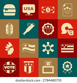 Set Medal with star, American flag, football helmet, Stacks paper money cash, Baseball bat, Hotdog sandwich, Burger and USA Independence day icon. Vector
