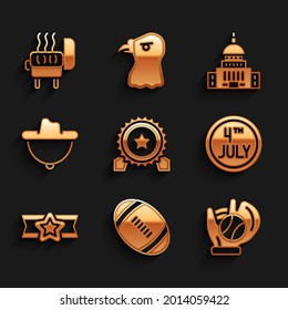 Set Medal with star, American Football ball, Baseball glove, Calendar date July 4, Star military, Western cowboy hat, White House and Barbecue grill icon. Vector