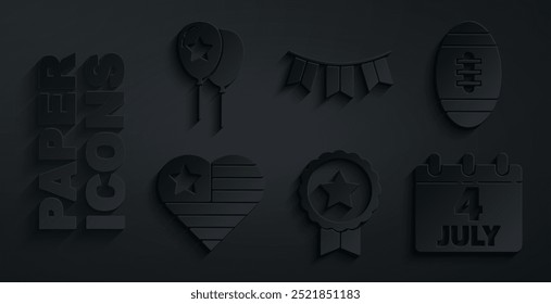 Set Medal with star, American Football ball, USA Independence day, Calendar date July 4, Carnival garland flags and Balloons icon. Vector