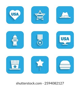 Set Medal with star, Balloon, Burger, USA Independence day, Patriotic American top hat, Fire hydrant, Man ribbon and  icon. Vector