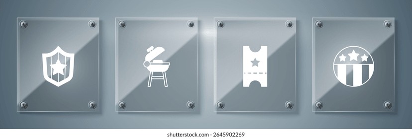 Set Medal with star, Baseball ticket, Barbecue grill and Shield stars. Square glass panels. Vector