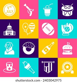 Set Medal with star, Burger, Baseball glove ball, Beer pong game, Balloons, White House, Calendar date July 4 and American Football icon. Vector
