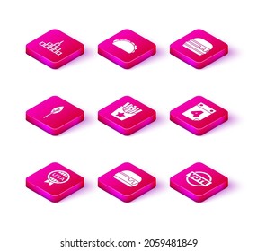 Set Medal with star, Burger, Indian feather, Potatoes french fries in box, Vote, Calendar date July 4,  and Taco tortilla icon. Vector