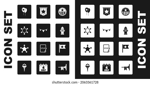 Set Medal with star, Carnival garland flags, Hexagram sheriff, Balloons, Fire hydrant, American,  and  icon. Vector