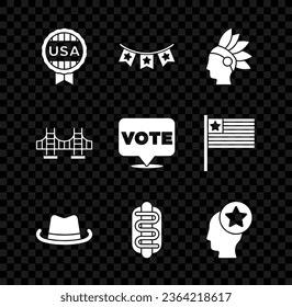 Set Medal with star, Carnival garland flags, Native American Indian, Western cowboy hat, Hotdog sandwich, USA Head, Golden gate bridge and Vote icon. Vector