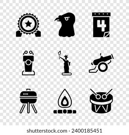 Set Medal with star, Eagle head, Calendar date July 4, Barbecue grill, Campfire, Drum and drum sticks, Stage stand or tribune and Statue of Liberty icon. Vector