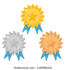 Set medal with star. Gold, silver and bronze medal for first, second and third place. Flad design. Vector.