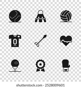 Set Medal with star, Heart rate, Boxing glove, Medieval arrows, Volleyball ball, Baseball, Badminton shuttlecock and Football jersey and t-shirt icon. Vector