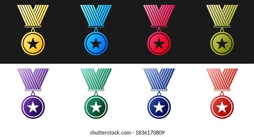 Set Medal with star icon isolated on black and white background. Winner achievement sign. Award medal. Vector.