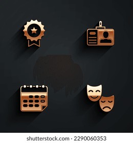 Set Medal with star, Identification badge, School timetable and Comedy and tragedy masks icon with long shadow. Vector