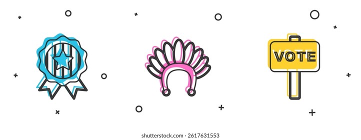 Set Medal with star, Indian headdress feathers and Vote icon. Vector