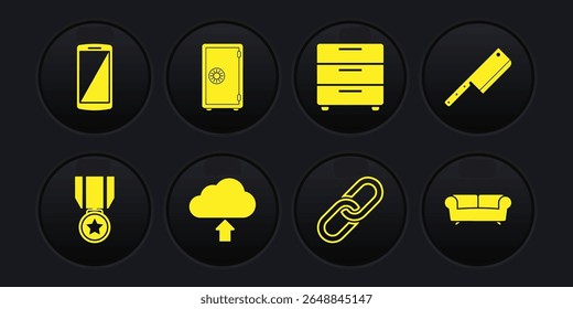 Set Medal with star, Meat chopper, Cloud upload, Chain link, Furniture nightstand and Safe icon. Vector
