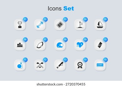Set Medal with star, Medieval bow, Dumbbell, Bowling pin and ball, Ribbon finishing line, Flippers for swimming, Award cup and Racing helmet icon. Vector