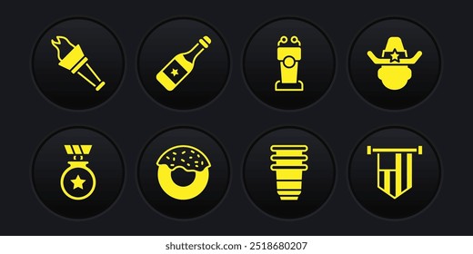 Set Medal with star, Sheriff cowboy, Donut, Paper glass, Stage stand or tribune, Champagne bottle, American flag and Torch flame icon. Vector