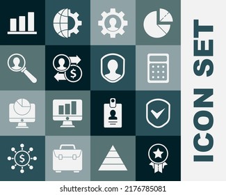 Set Medal with star, Shield check mark, Calculator, Human gear inside, Job promotion exchange money, Magnifying glass for search people, Pie chart infographic and User protection icon. Vector