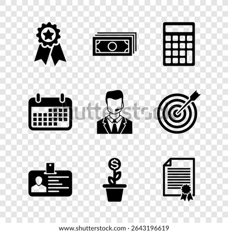 Set Medal with star, Stacks paper money cash, Calculator, Identification badge, Dollar plant in the pot and Certificate template icon. Vector