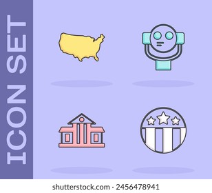 Set Medal mit Stern, USA Karte, Weißes Haus und Tourismus Ferngläser Ikone. Vektorgrafik