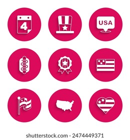 Set Medal with star, USA map, Independence day, American flag, Hotdog sandwich,  and Calendar date July 4 icon. Vector