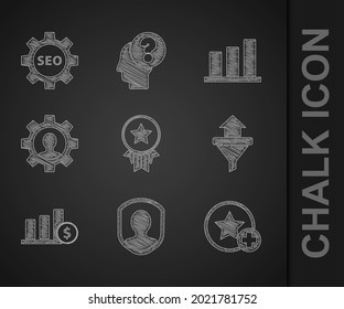 Set Medal with star, User protection, Star, Sales funnel arrows, Pie chart infographic and dollar, Human gear inside,  and Seo tag wheel icon. Vector