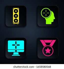 Juego de medallas, altavoces estéreo, monitor de ordenador y concepto de caza de cabezas. Botón cuadrado negro. Vector