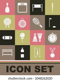 Set Medal, Stopwatch, Golf flag, Volleyball net, Classic dart board, Target sport, Bowling pin and Tennis racket icon. Vector