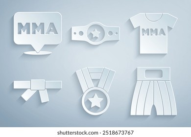 Set Medal, T-shirt with fight club MMA, Black karate belt, Boxing short,  and Fight icon. Vector