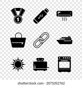 Set Medal, USB flash drive, Air conditioner, Sun, Toaster with toasts and Oven icon. Vector