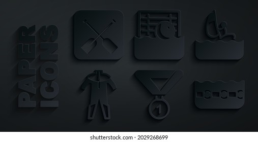 Set Medal, Windsurfing, Wetsuit For Scuba Diving, Swimming Pool, Water Polo And Paddle Icon. Vector