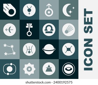 Set Medallion with eye, Gemini zodiac, Comet, Symbol Uranus, Old magic key, Sagittarius,  and Libra icon. Vector
