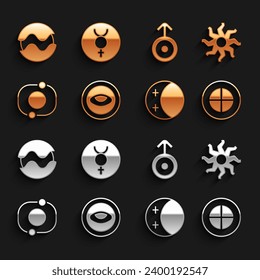 Set Medallion with eye, Sun, Earth globe, Eclipse of the sun, Solar system, Symbol Uranus, Planet and Mercury icon. Vector