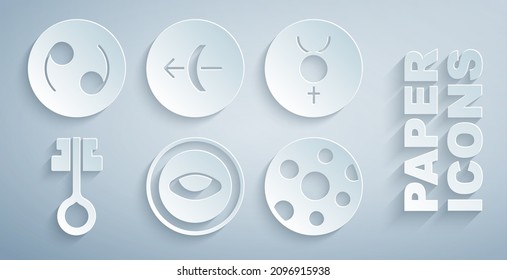 Set Medallion with eye, Symbol Mercury, Old magic key, Full moon, Sagittarius zodiac and Cancer icon. Vector