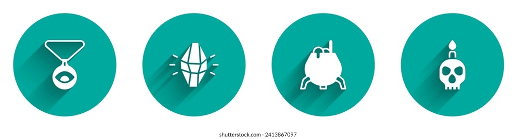 Set Medallion on chain with eye, Magic stone, Witch cauldron and Burning candle skull icon with long shadow. Vector