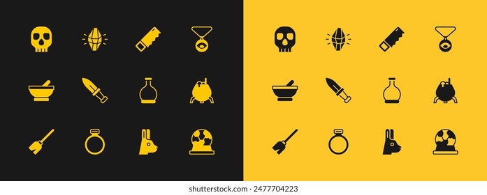 Set Medallion on chain with eye, Magic stone ring, Bottle potion, Rabbit ears, Dagger, Hand saw, Skull and  icon. Vector